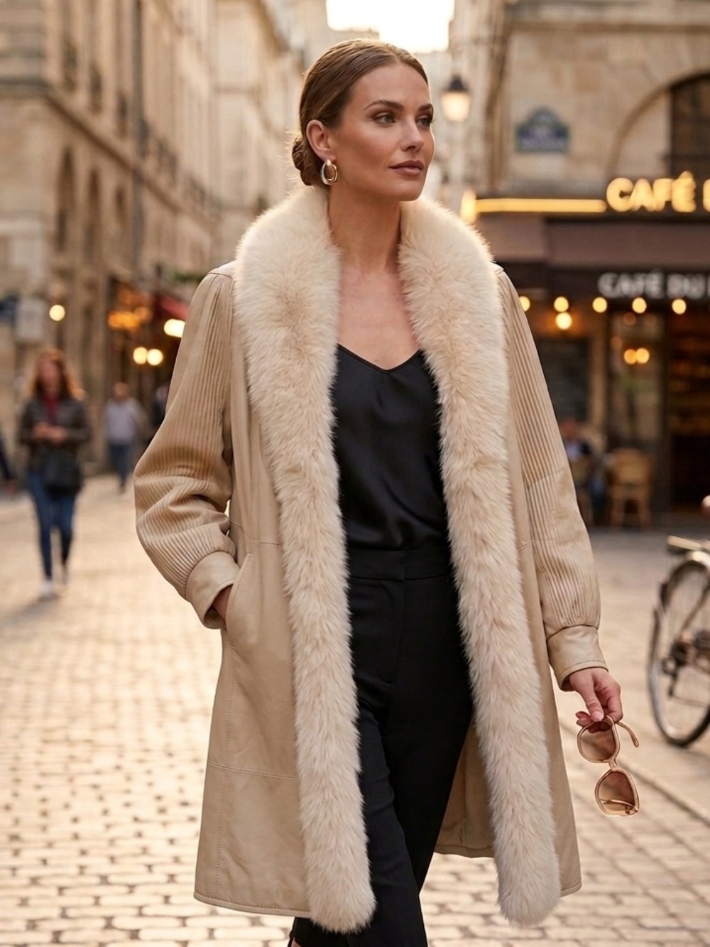 Bayshore Furriers 80’s Leather swing Beige Fur Trim Long Coat Size M Mob Wife
